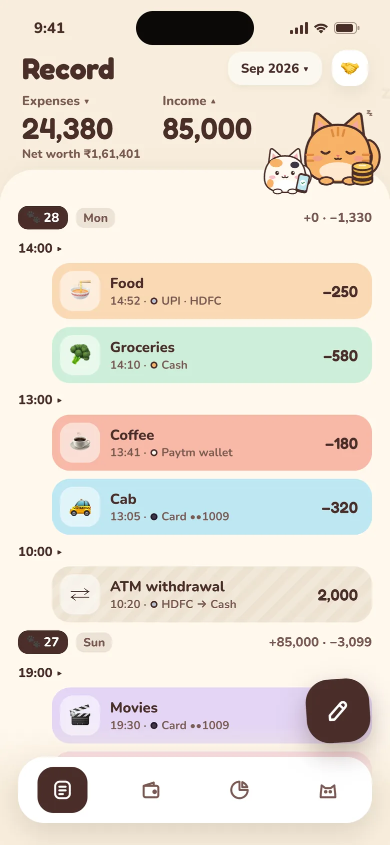 Purrse Record screen: this month's expenses of ₹24,380 and income of ₹85,000, with a timeline of food, groceries, coffee and cab spends grouped by hour.
