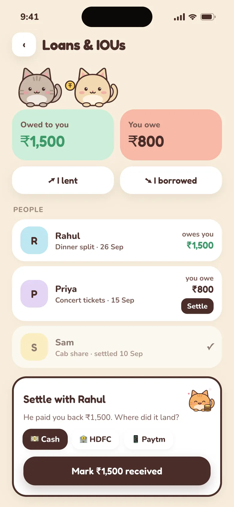 Loans and IOUs screen: ₹1,500 owed to you and ₹800 you owe, with people and a settle-up card.
