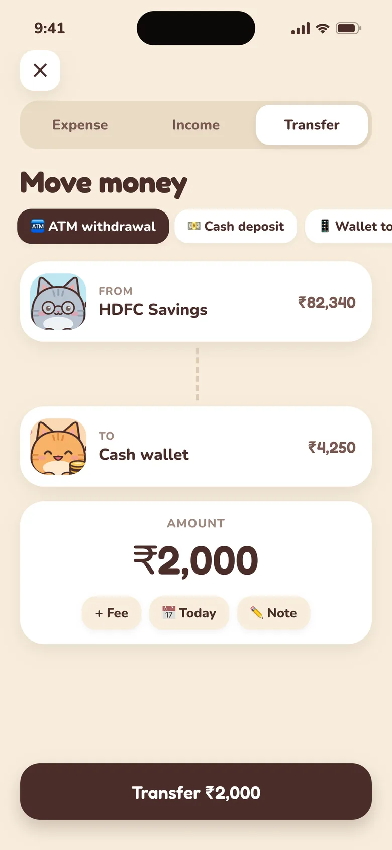 Transfer screen moving ₹2,000 from HDFC Savings to a cash wallet as an ATM withdrawal.